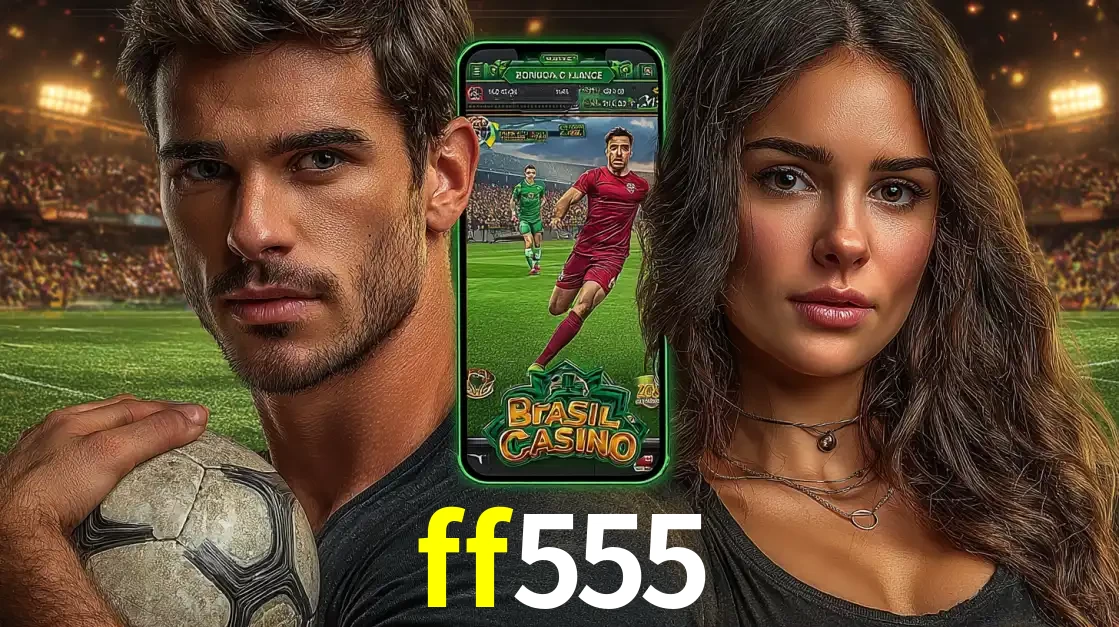Homem segurando uma bola de futebol e uma mulher ao lado de um smartphone exibindo o jogo de apostas esportivas da ff555. Faça seu palpite no cassino online.